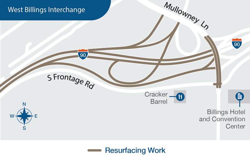 This map shows which areas of the West Billings Interchange will be resurfaced. 