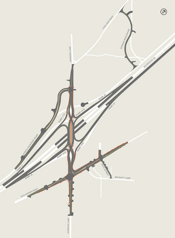 The Johnson Lane Interchange diverging diamond interchange. Pedestrian facilities are marked in orange.