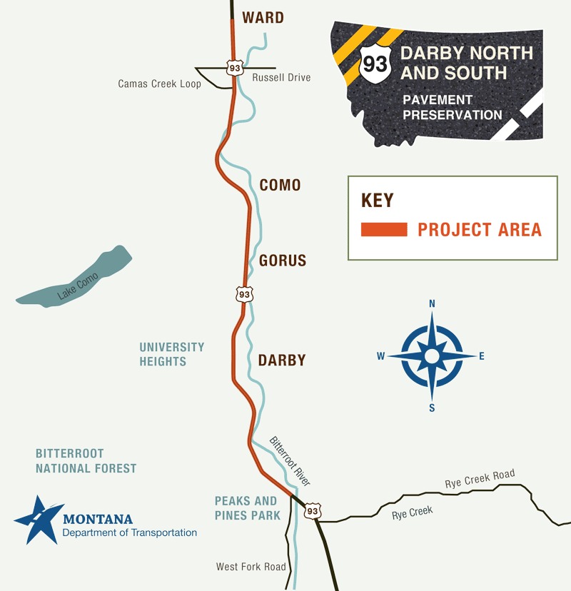 Darby North and South Pavement Preservation map of project are along 93