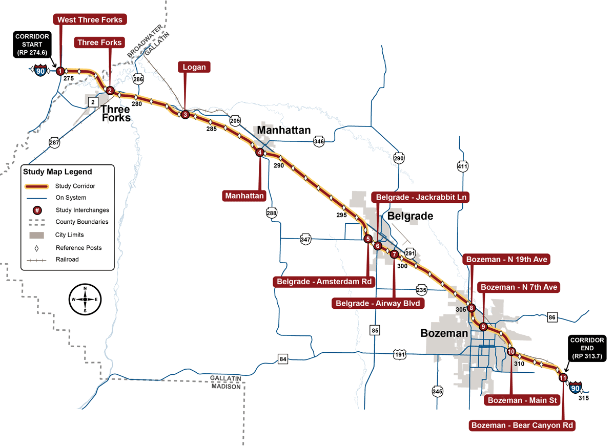 Study Area Image: The study area focuses on I-90 between the West Three Forks Interchange in Broadwater County at reference point (RP) 274.6 and the Bear Canyon Road Interchange in Gallatin County at RP 313.7, passing through multiple communities including Three Forks, Logan, Manhattan, Belgrade, and Bozeman.