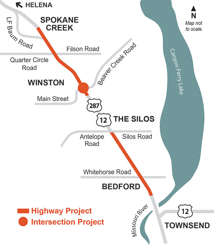 US 12/US 287 Spokane Creek to Townsend map
Map shows an approximation of US Highway 12/US Highway 287 from the Spokane Creek area (just east of East Helena) to the Townsend area, with Canyon Ferry Lake nearby. The map highlights three different projects, these projects are as follows:
-	A reconstruction project from Spokane Creek to Winston, begins in Spokane Creek and proceeds southeast ending near Main Street and Beaver Creek Road in Winston.
-	An Intersection project in Winston. This project is at the intersection of US 12/US 287 and Beaver Creek Road in Winston.  
-	Another reconstruction project from The Silos area to just northeast of Townsend. This project area begins near Silos Road/Antelope Road and extends southeast, ending just northwest of the Missouri River crossing outside of Townsend. 
The map legend differentiates these projects by having the reconstruction projects highlight sections of the roadway, and the intersection project indicated by a circle on the roadway. Other notable major roads like Whitehorse Road, Filson Road, and Quarter Circle Road are also illustrated on this map. Townsend is in the lower right corner of the map and an arrow pointing toward Helena is in the upper left corner of the map. 
