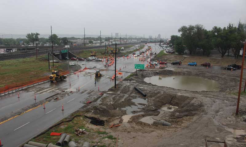 This screenshot was captured from the construction camera’s live feed on June 2, 2023, during a heavy rainstorm. The photo demonstrates how the new stormwater detention pond functions. Despite record-breaking precipitation, the 6th Street West underpass has not flooded