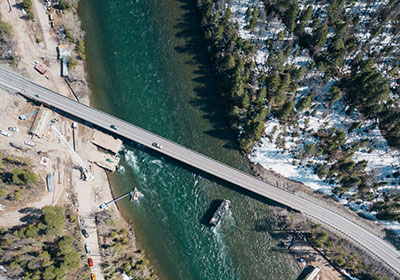 Aerial view of bridge construction.