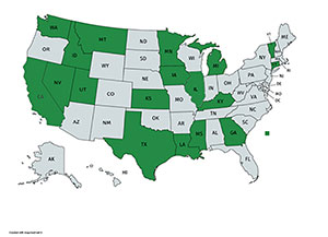 Traffic Safety Culture Transportation Pooled Fund Program Phase 2 greem colored states map